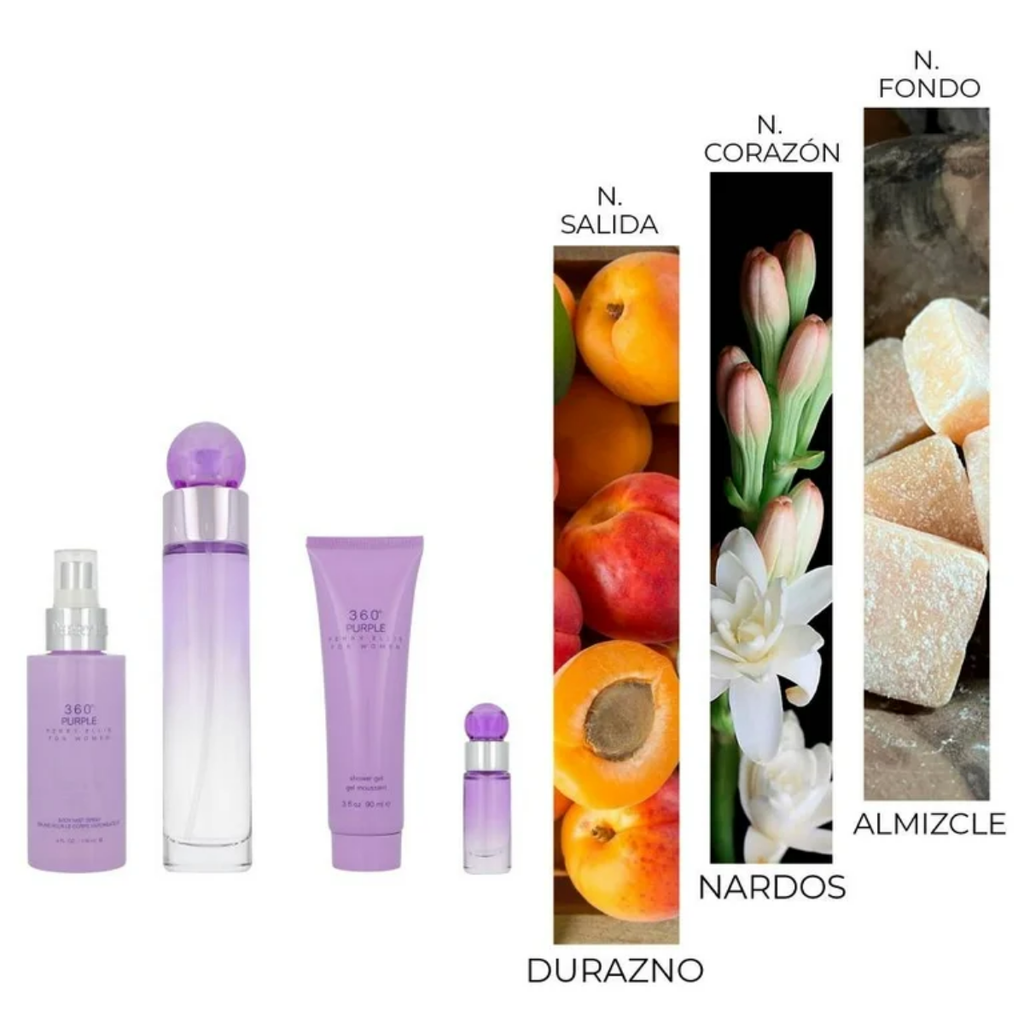 Set Perry Ellis 360° Purple Mujer EDP 100ml + Mini + Shower Gel + Body Mist Original